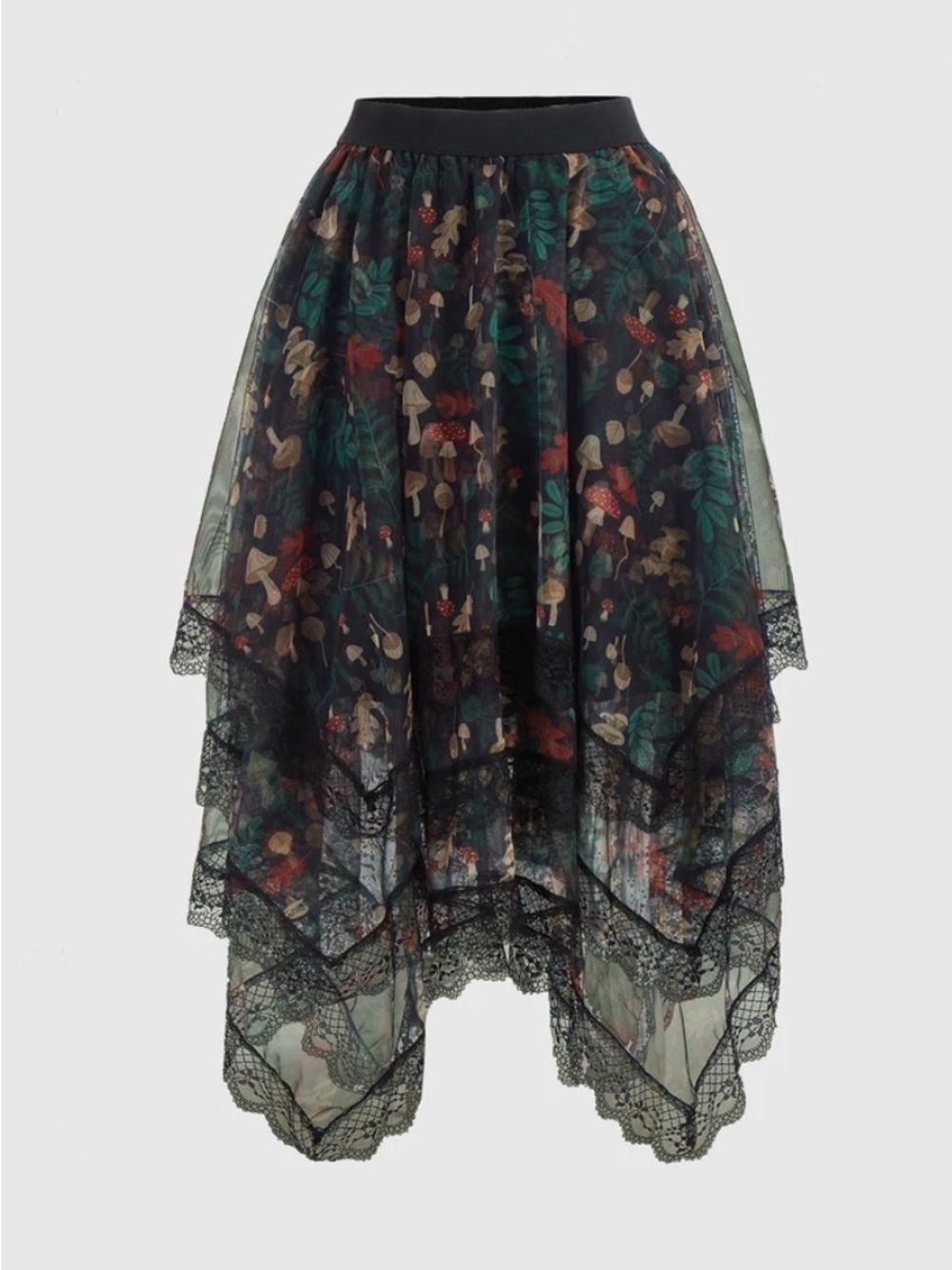 ROMWE Inna Moreva Fairycore Mushroom Lace Asymmetrical Hem Mesh Skirt 4XL